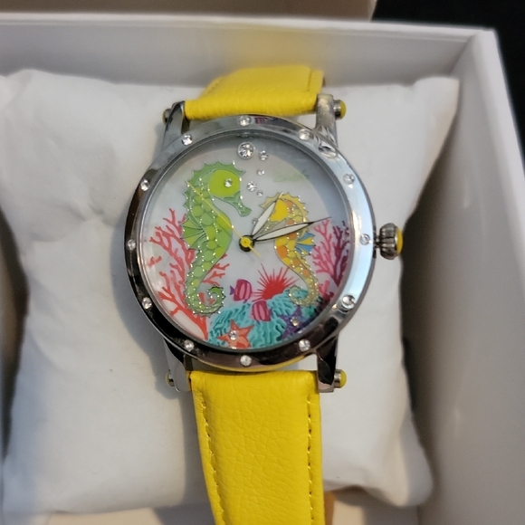 Bertha Seahorse Design Watch W/ bright Yellow Leather Strap & Floral Design Box - Picture 1 of 8